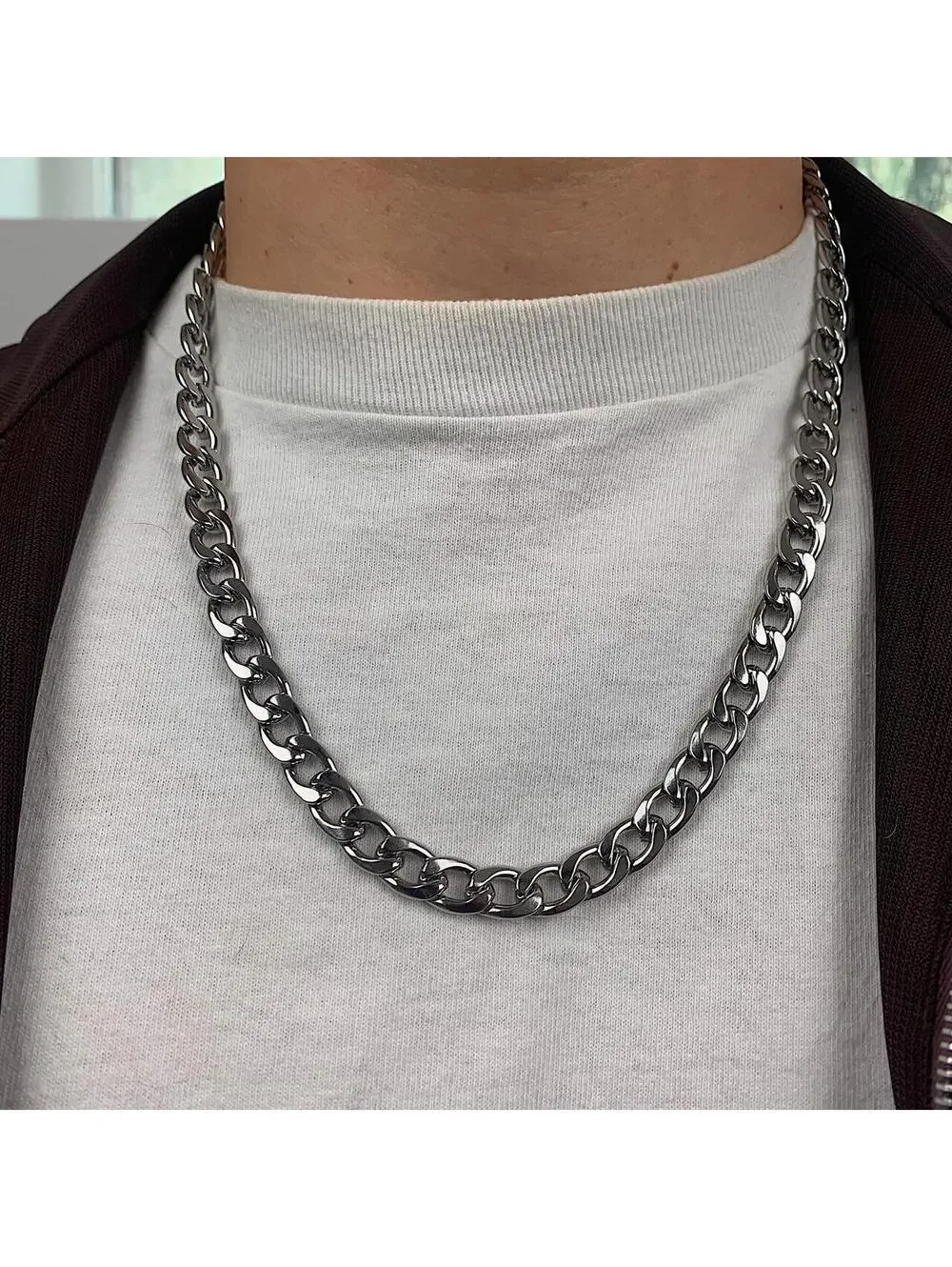 High quality Y2k style Silver stainless steel 23.5 inch Cuban chain necklace